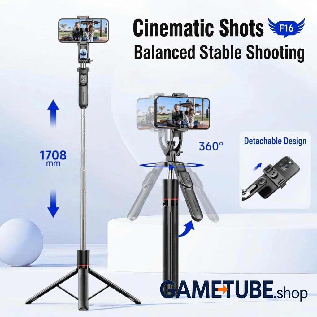 Only 12$F16 Stabilizing Selfie Stick Tripod | 1708mm Extended All-in-One Vlogging Tripod with Balance Handle & Detachable Remote