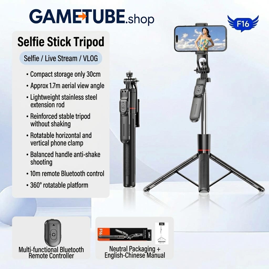 Only 12$F16 Stabilizing Selfie Stick Tripod | 1708mm Extended All-in-One Vlogging Tripod with Balance Handle & Detachable Remote